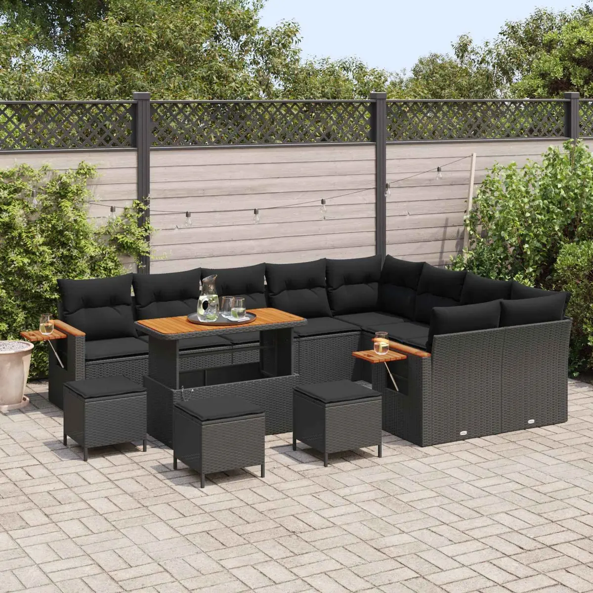 Modular Garden Sofa Set Poly Rattan Solid Acacia Wood 14 Pieces Black
