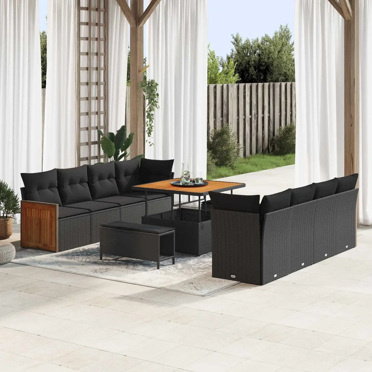 Modular Black Poly Rattan & Acacia Wood Garden Sofa Set