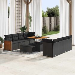 Modular Black Poly Rattan & Acacia Wood Garden Sofa Set