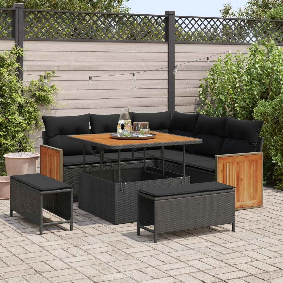9-Piece Modular Patio Sofa Set in Black Poly Rattan