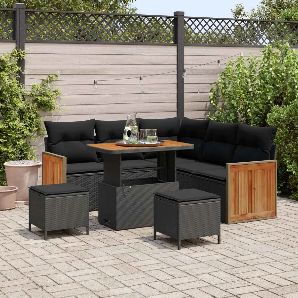 Modular 9-Piece Black Outdoor Sofa Set with Cushions