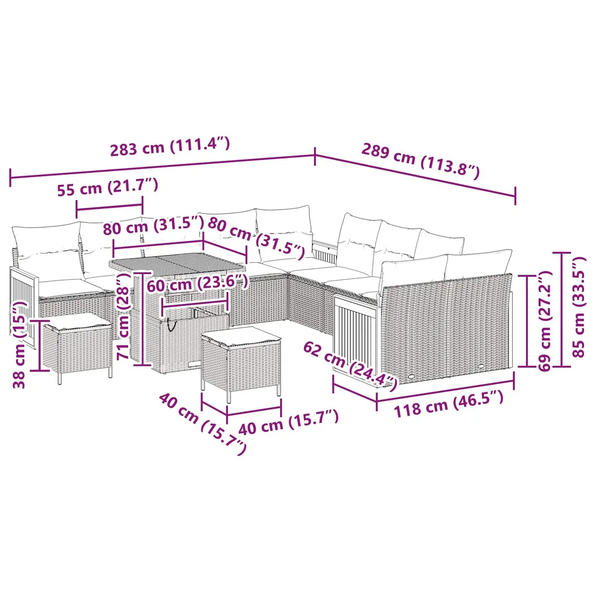 Black Modular Garden Sofa Set 17 pcs with Cushions
