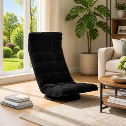 Adjustable Swivel Floor Chair in Black Velvet with Foam Padding