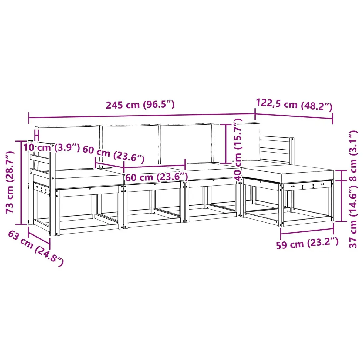 5-Piece Outdoor Sofa Set in Solid Acacia Wood