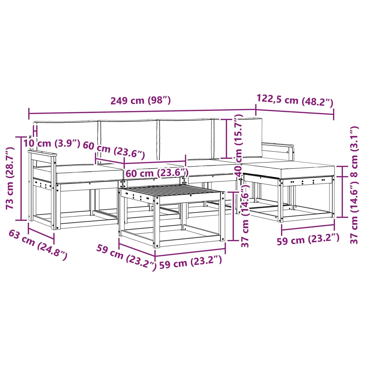 Outdoor Sectional Sofa Set Solid Acacia Wood 6 Pieces Brown Anthracite
