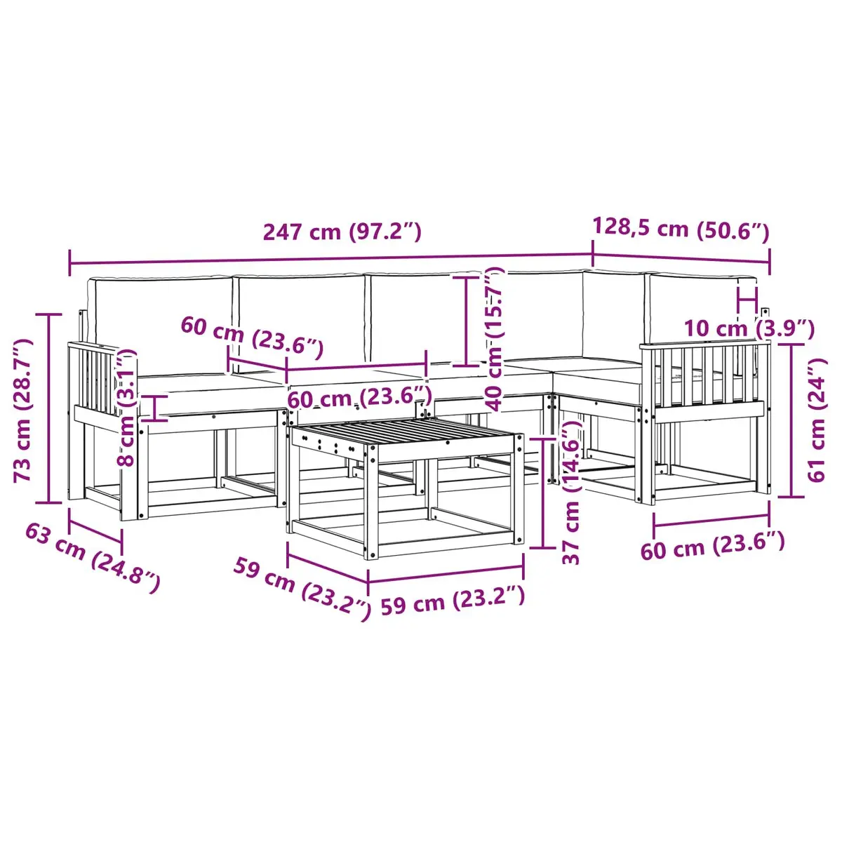 Outdoor Sofa Set Solid Acacia Wood 6 Piece Brown