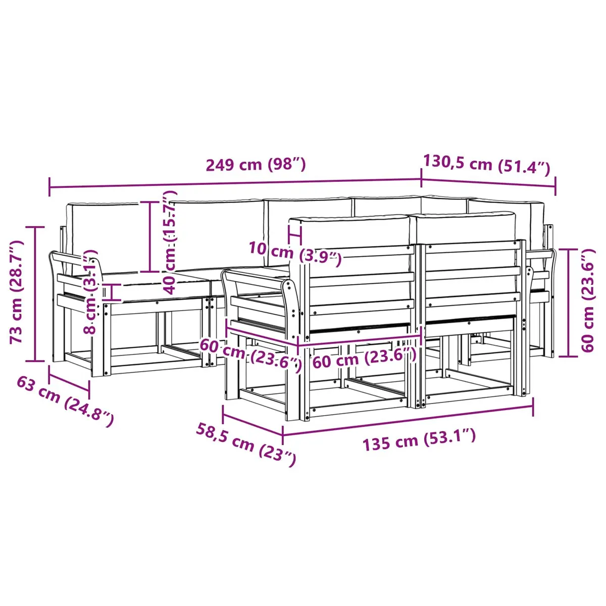 Outdoor Sectional Sofa Set Solid Acacia Wood 7 Piece Brown