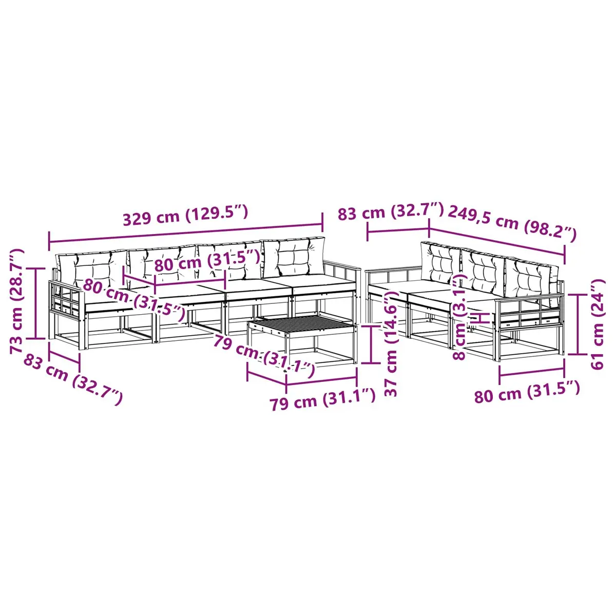 8-Piece Modular Outdoor Sofa Set with Acacia Wood Frame
