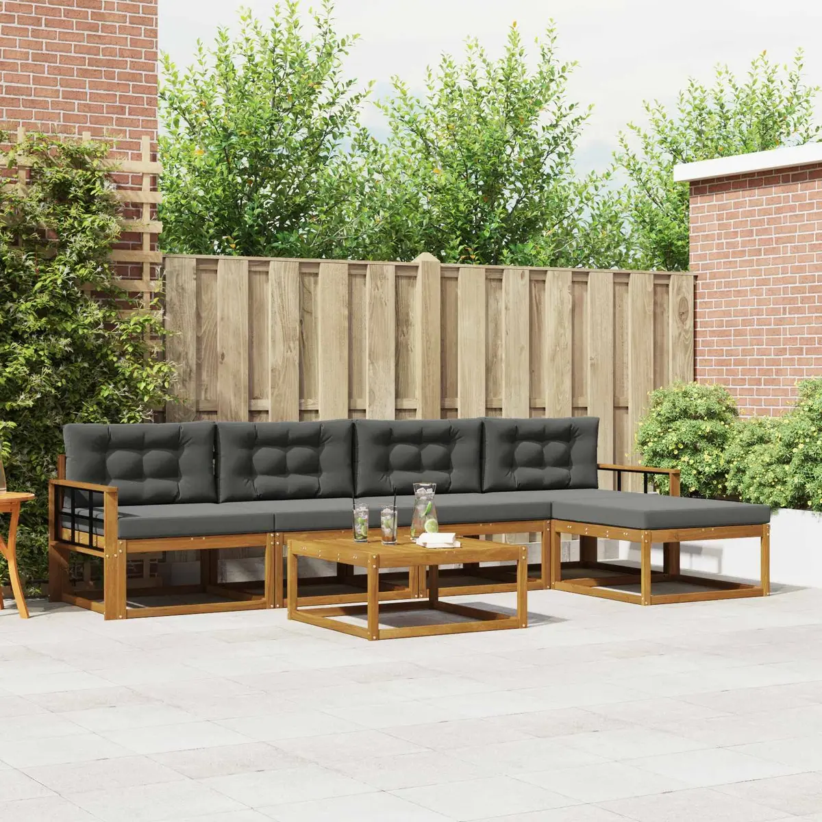 Modular Sectional Sofa Set Solid Acacia Wood 6 Pieces Brown Outdoor Garden Furniture with Cushions