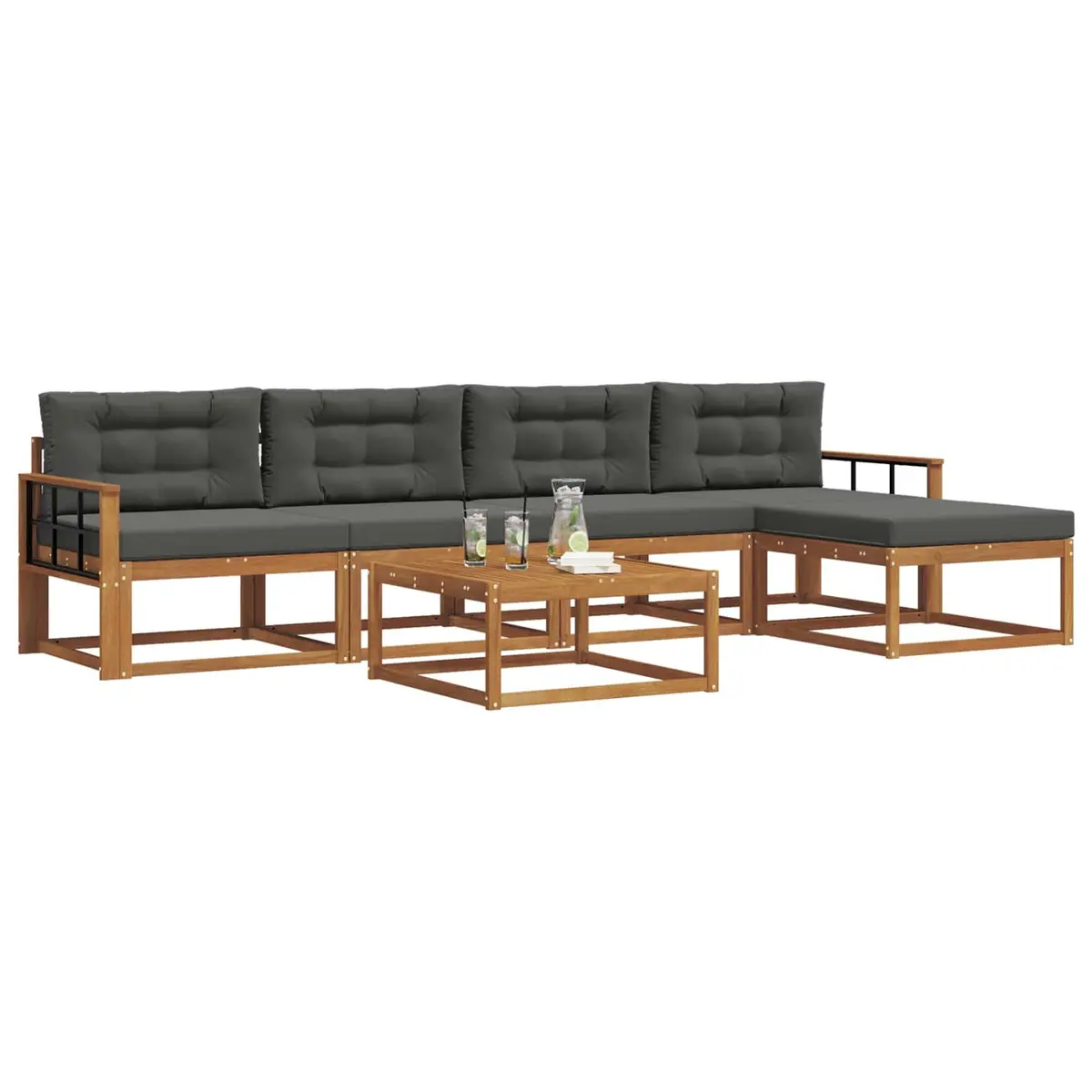 Modular Sectional Sofa Set Solid Acacia Wood 6 Pieces Brown Outdoor Garden Furniture with Cushions