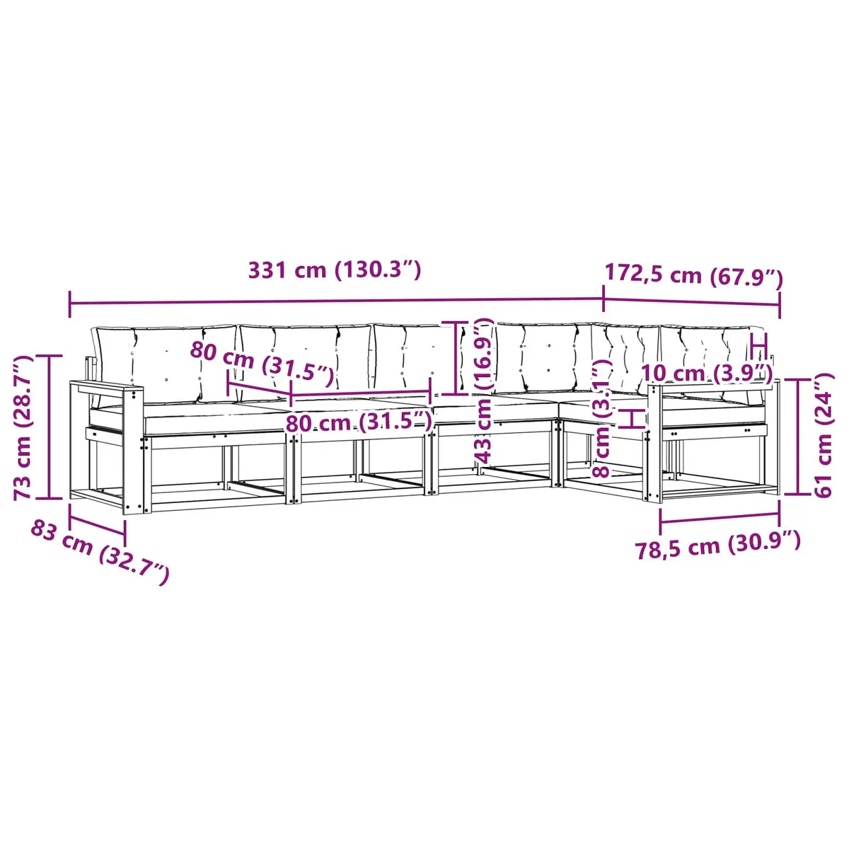 Modular Outdoor Sectional Sofa Set 5 Pieces in Brown