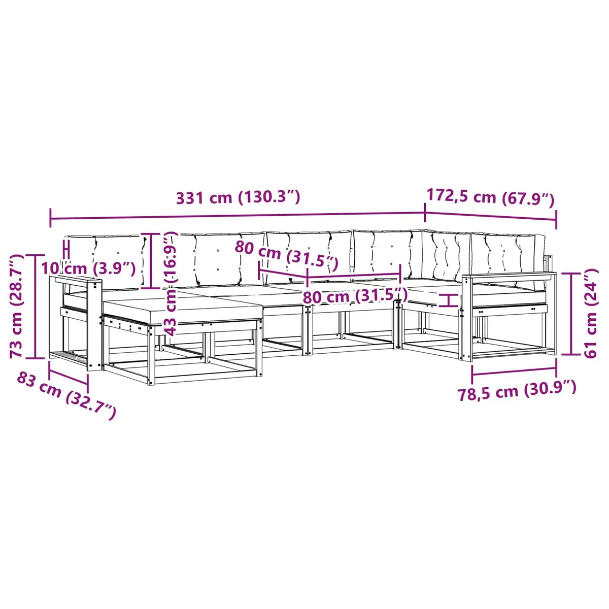 6-Piece Modular Outdoor Sofa Set in Solid Acacia Wood