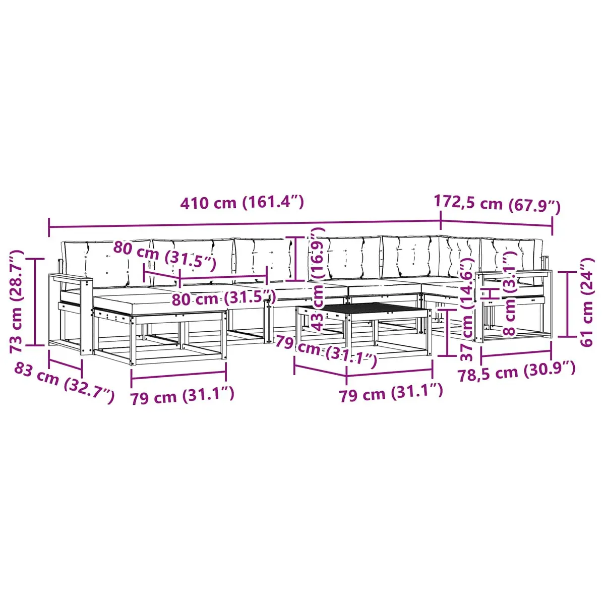 8-Piece Outdoor Sectional Sofa Set with Cushions