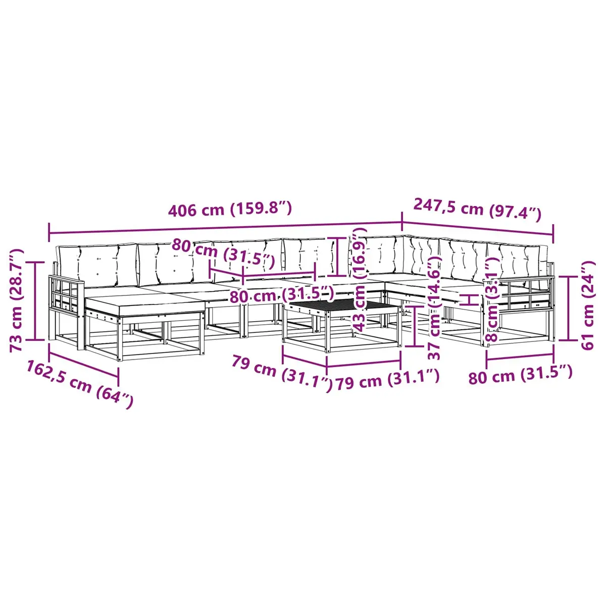 Outdoor 9-Piece Sectional Sofa Set with Cushions