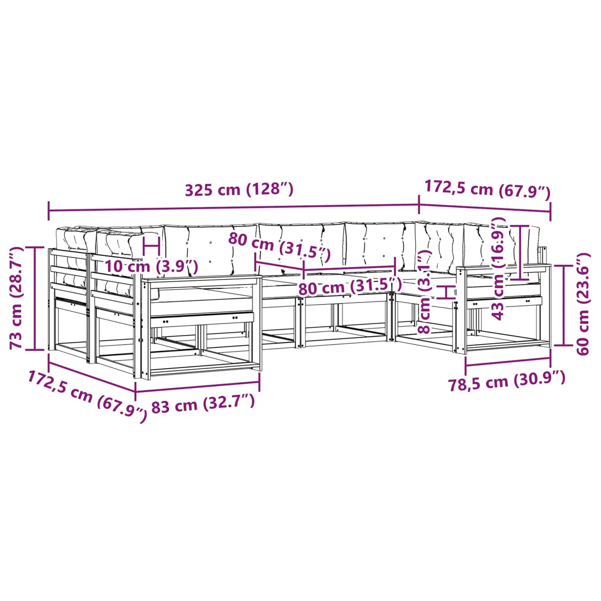 Outdoor Sectional Sofa Set Solid Acacia Wood 6 Piece Brown
