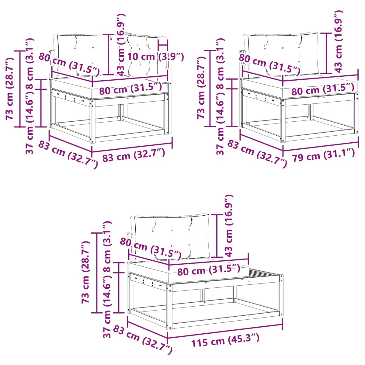 Outdoor Sectional Sofa Set in Brown Acacia Wood