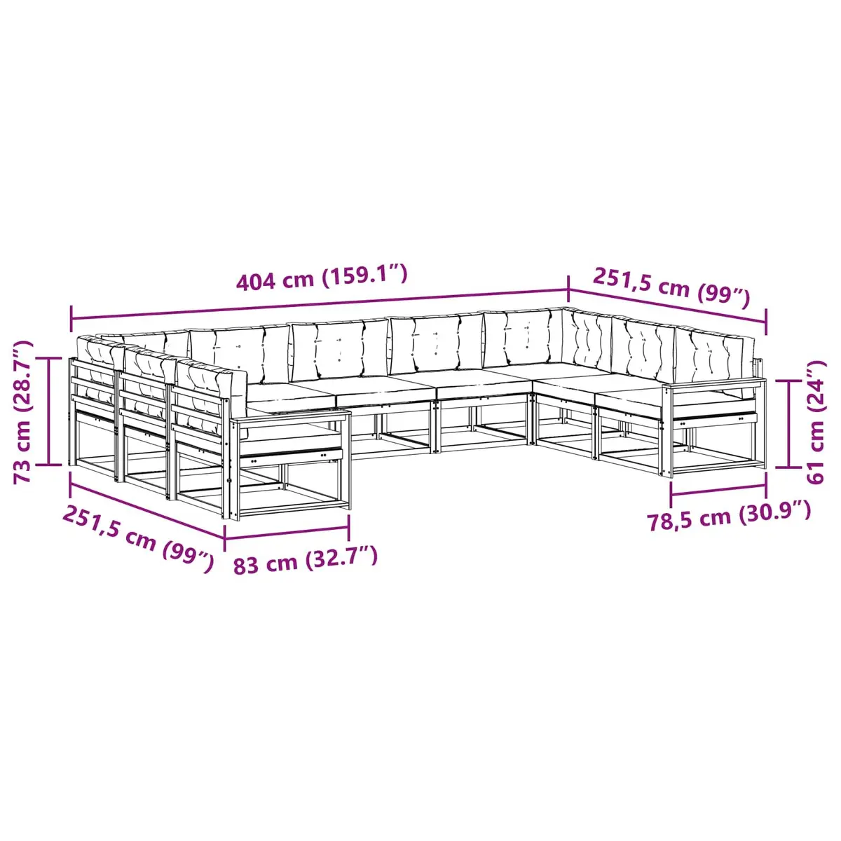 Outdoor Sectional Sofa Set Solid Acacia Wood 9 Piece Brown