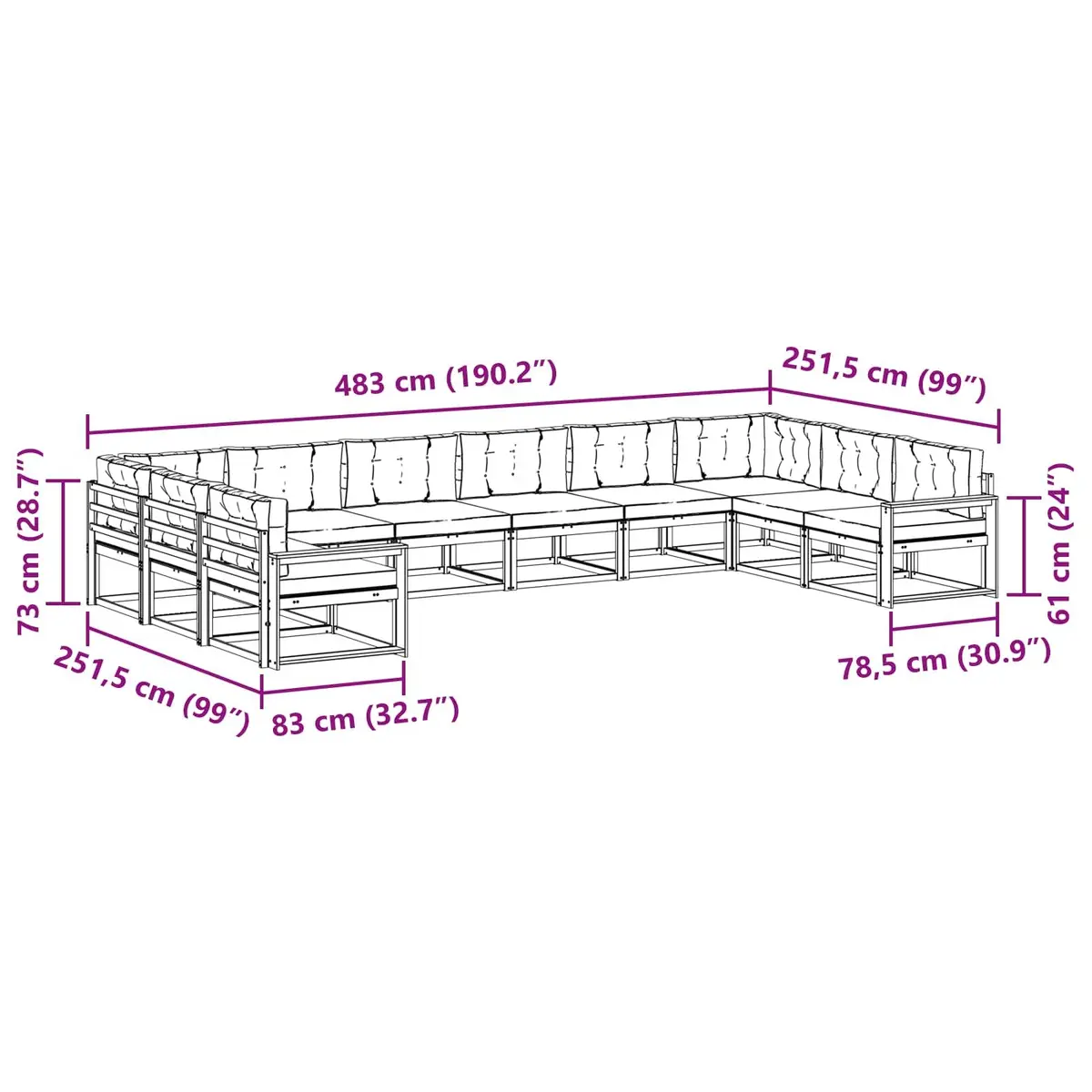 Outdoor Sectional Sofa Set with Cushions 10 Piece Modern Garden Furniture Patio