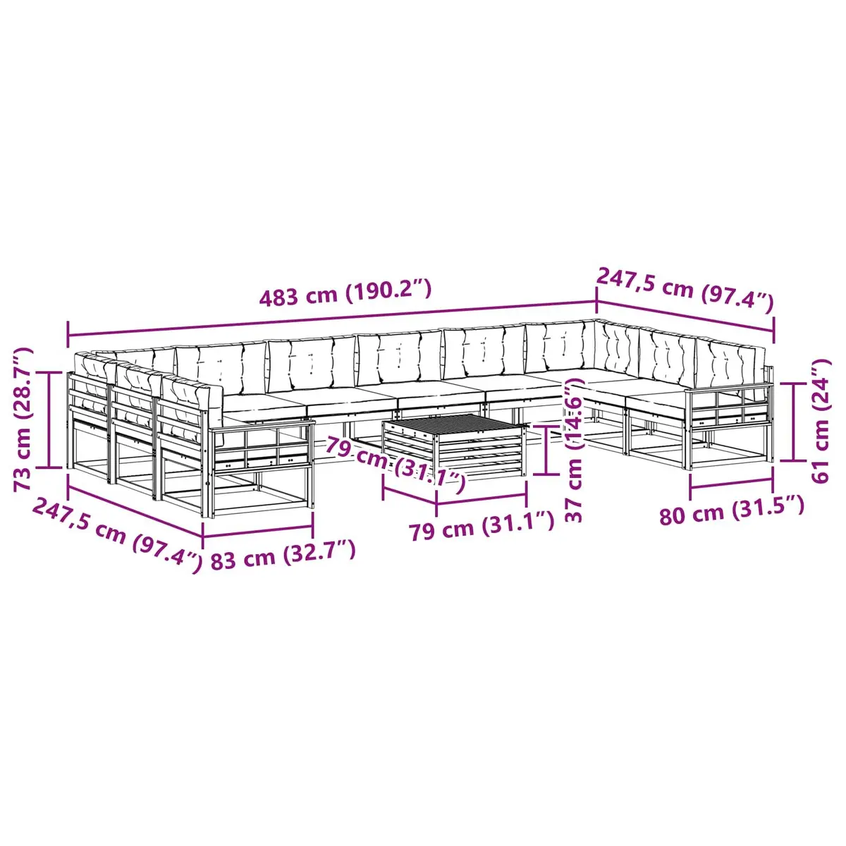 11-Piece Outdoor Sectional Sofa Set with Cushions