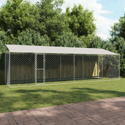 Large Outdoor Dog Cage with Roof - Silver Steel Construction