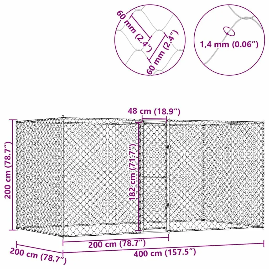 Silver Galvanised Steel Dog Cage 400 x 200 x 200 cm
