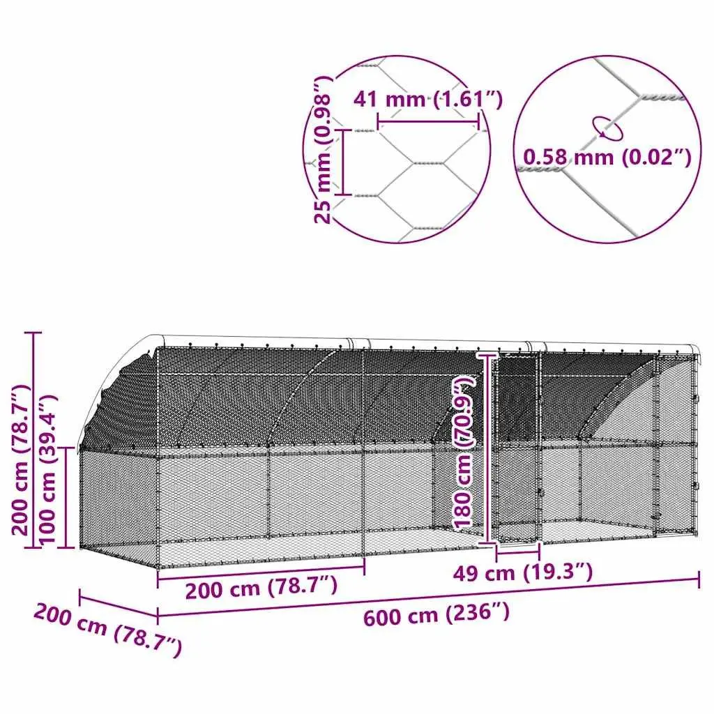 Silver Chicken Cage 3 pcs Galvanised Steel 600 x 200 x 200 cm