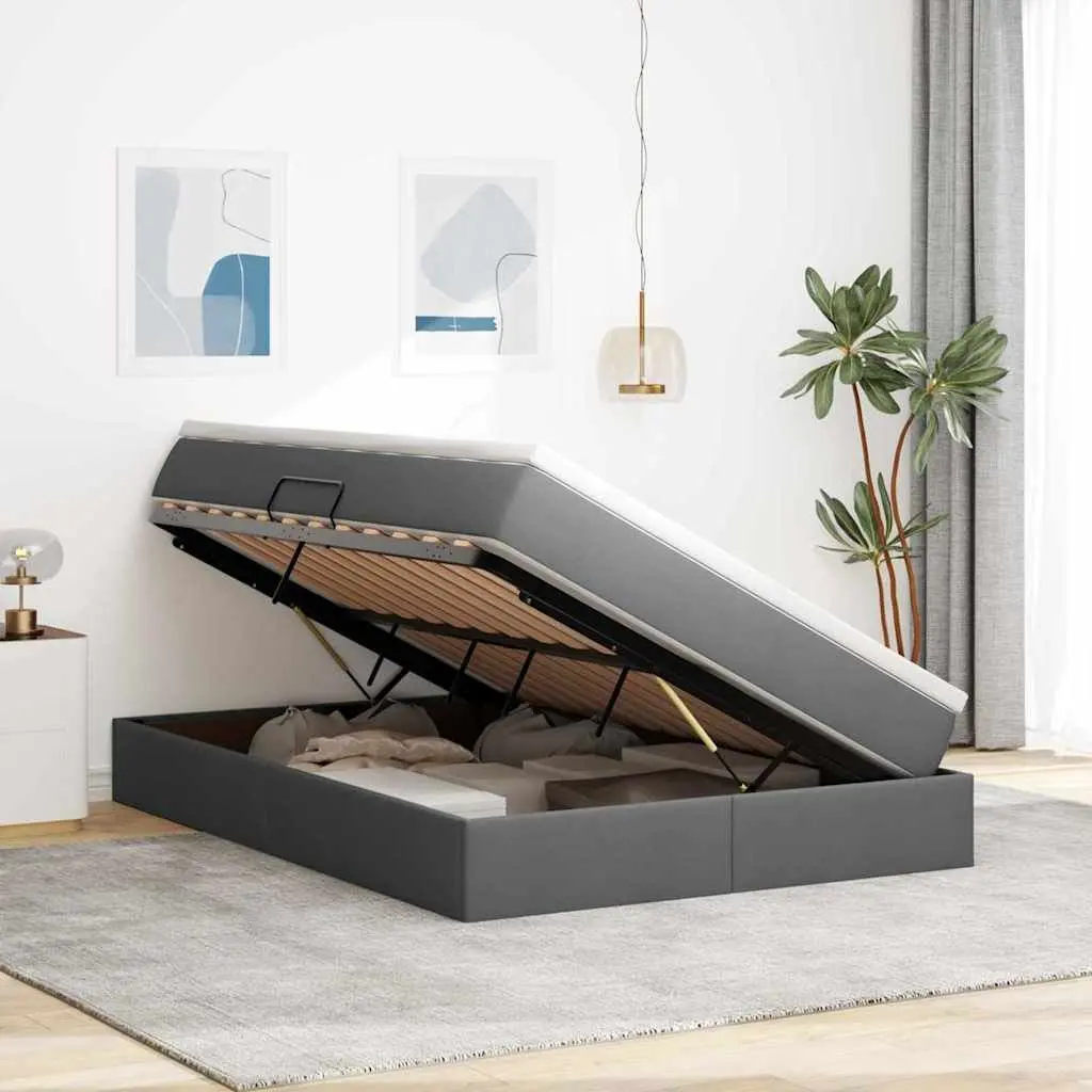 Storage Bed Metal 152 x 203 cm Grey with Pocket Spring Mattress