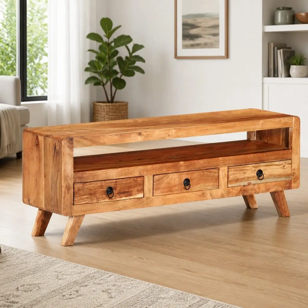 Brown Solid Acacia Wood TV Cabinet with Storage Drawers