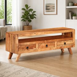 Brown Solid Acacia Wood TV Cabinet with Storage Drawers