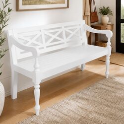 Stylish 123cm White Wooden Storage Bench with Curved Armrests