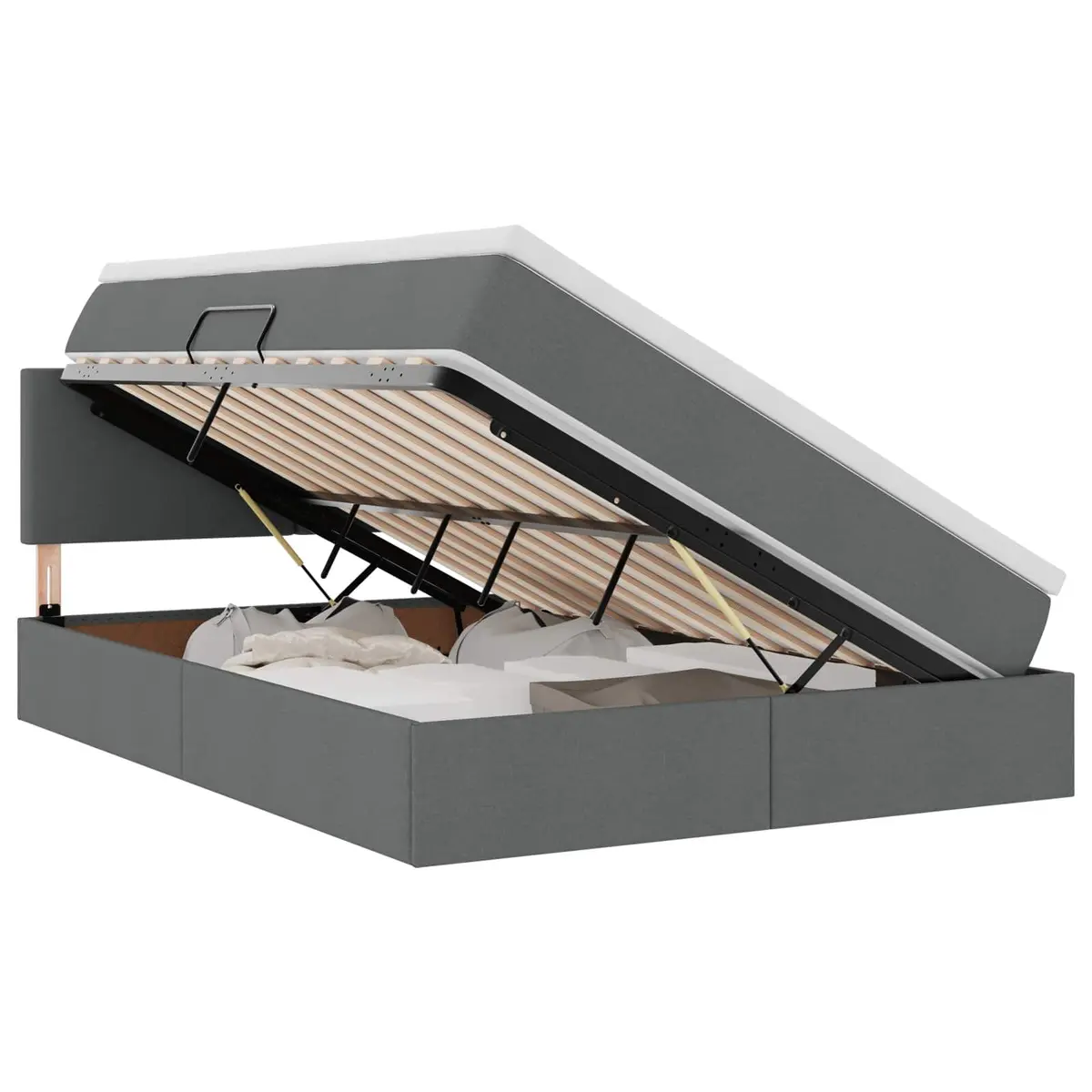 Storage Bed Dark Grey Upholstered 152 x 203 cm with Mattress Gas Lift and LED Lighting
