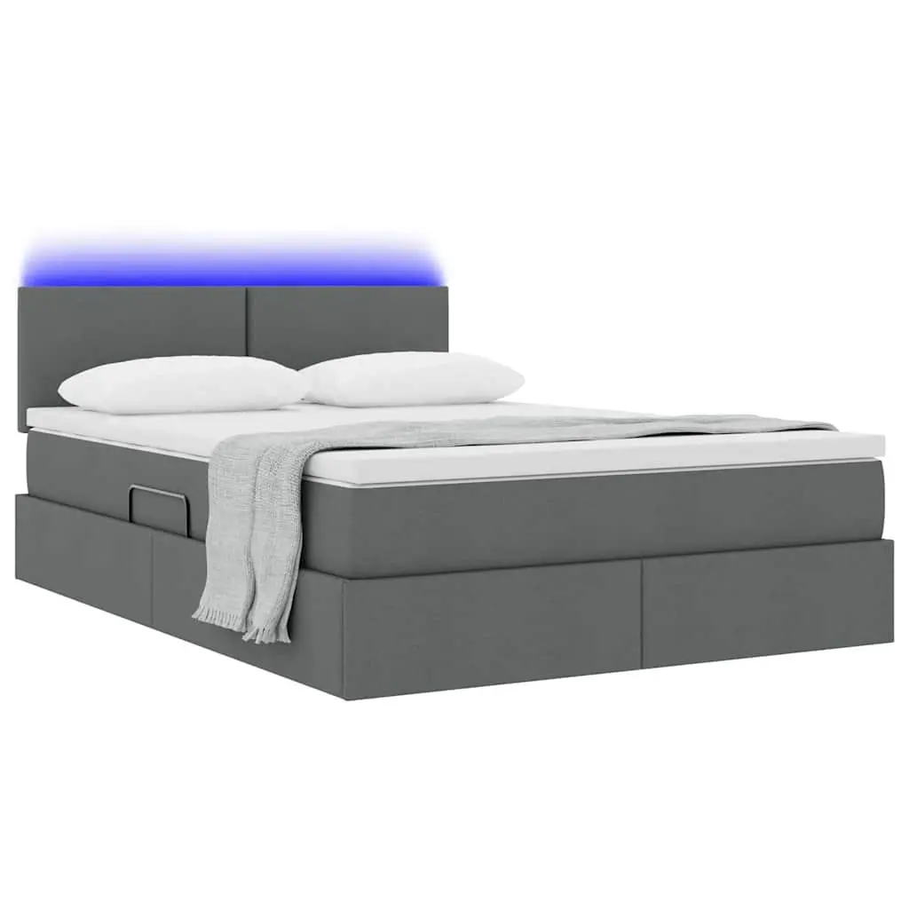 Storage Bed Dark Grey Upholstered 152 x 203 cm with Mattress Gas Lift and LED Lighting