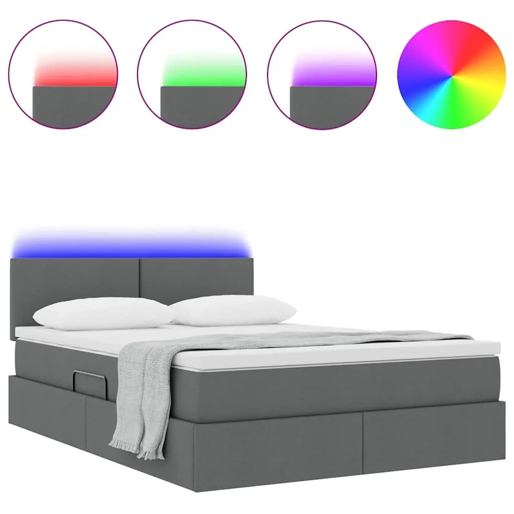 Storage Bed Dark Grey Upholstered 152 x 203 cm with Mattress Gas Lift and LED Lighting