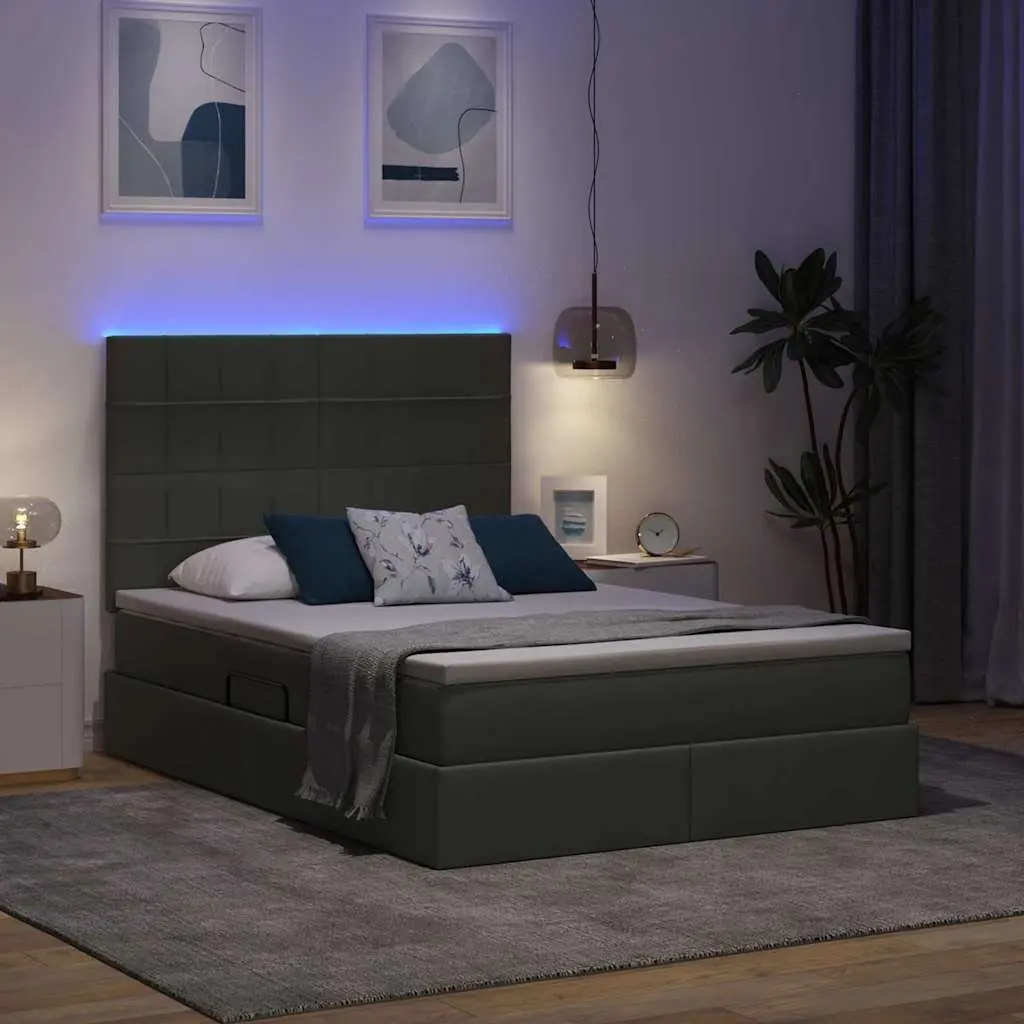 LED Storage Bed with Mattress Dark Grey 152 x 203 cm