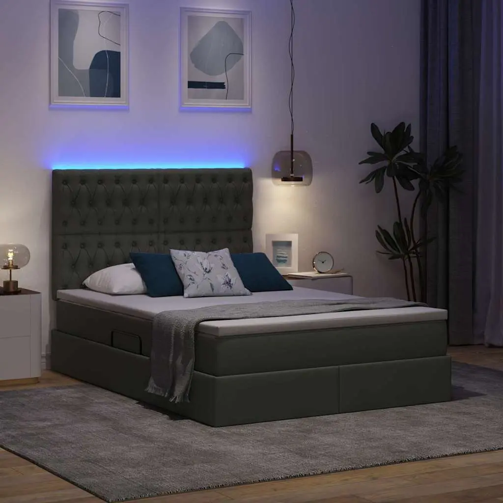 Storage Bed LED Dark Grey 152x203cm Padded Headboard