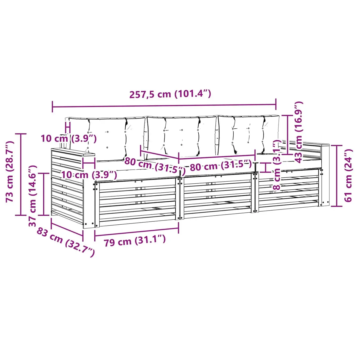 3-Piece Modular Outdoor Sofa Set in Natural Acacia