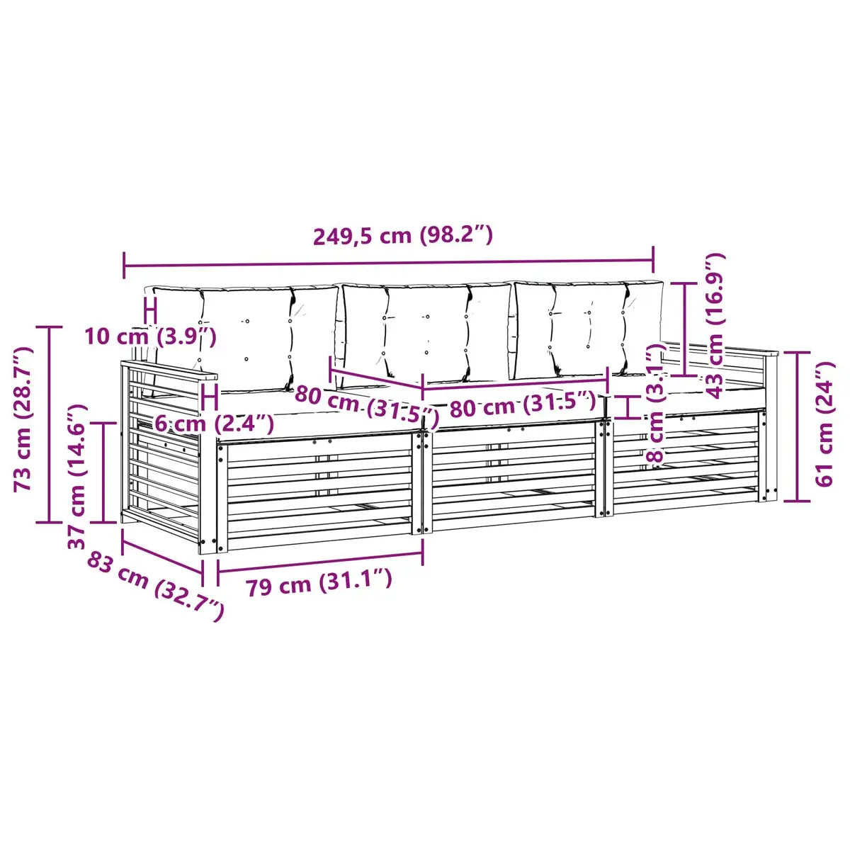 Outdoor Sofa Set Solid Acacia Wood 3 Piece Natural Anthracite