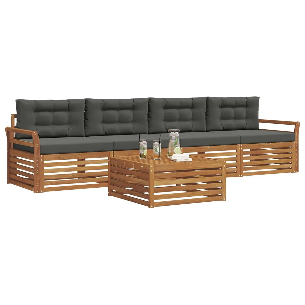 Outdoor Sofa Set Solid Acacia Wood 5 Piece Modular Natural Anthracite