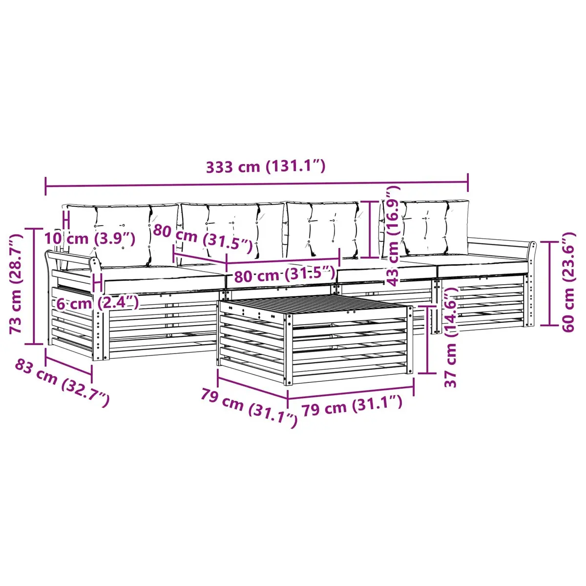 Outdoor Sofa Set Solid Acacia Wood 5 Piece Modular Natural Anthracite