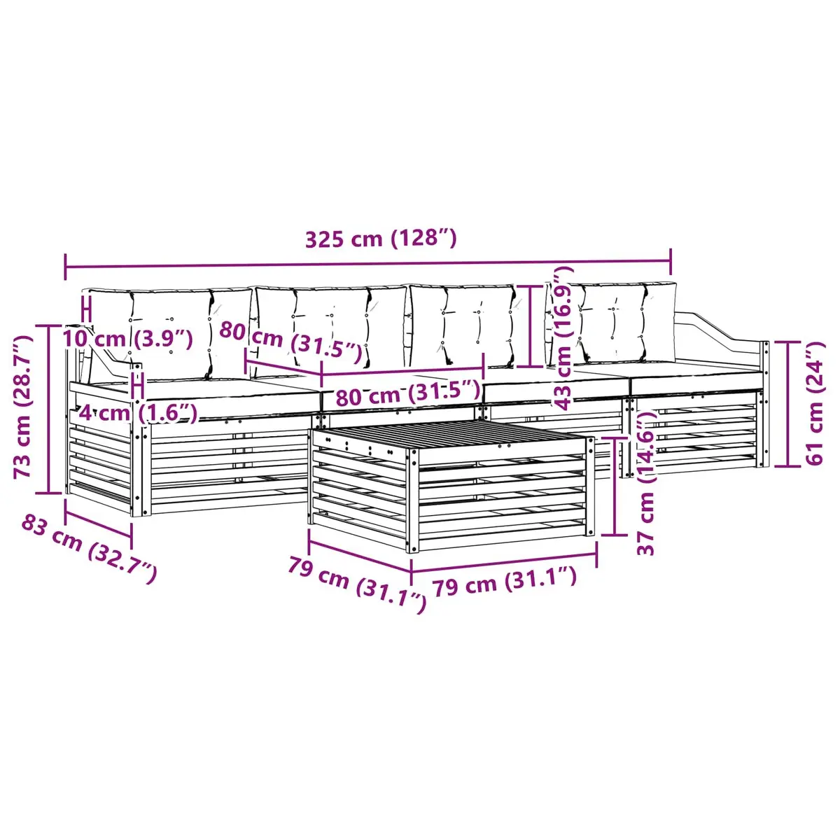 Modular 5-Piece Outdoor Sofa Set with Acacia Wood