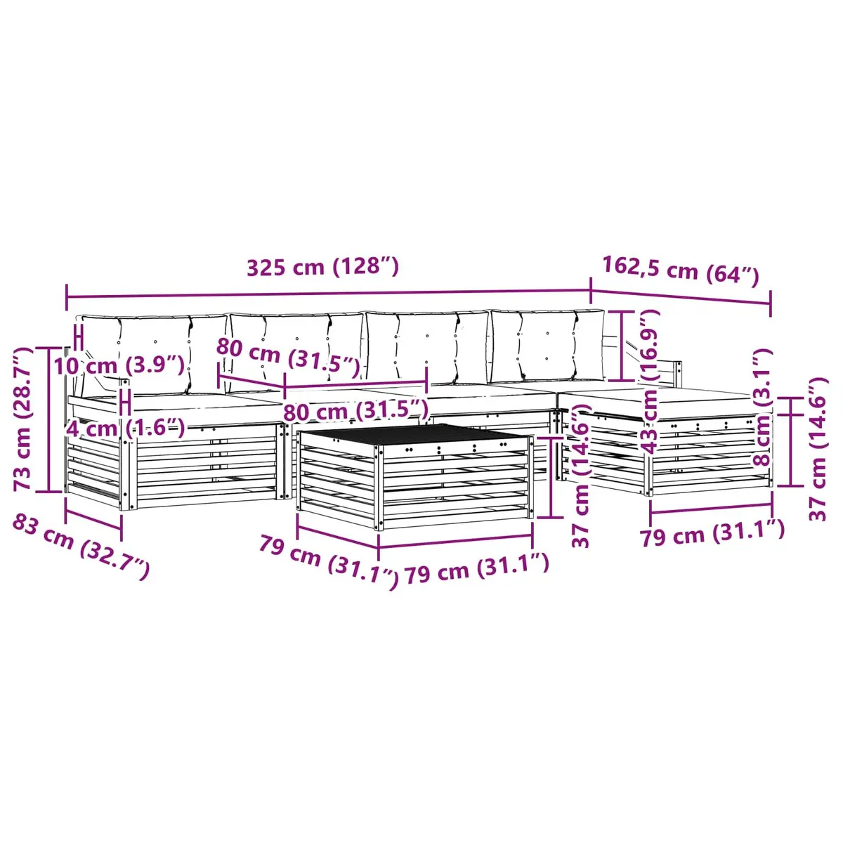 6-Piece Modular Acacia Wood Outdoor Sofa Set