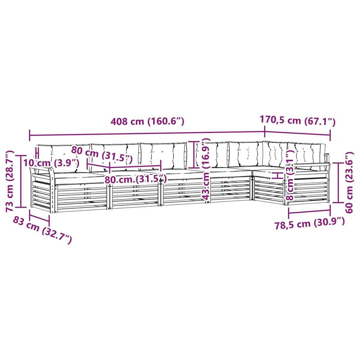 Modular 6 Piece Acacia Wood Outdoor Sofa Set