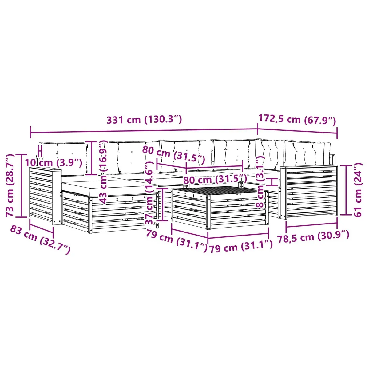 7-Piece Modular Acacia Wood Outdoor Sofa Set with Cushions