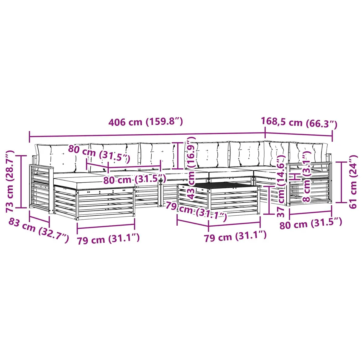 8-Piece Outdoor Modular Sofa Set with Cushions