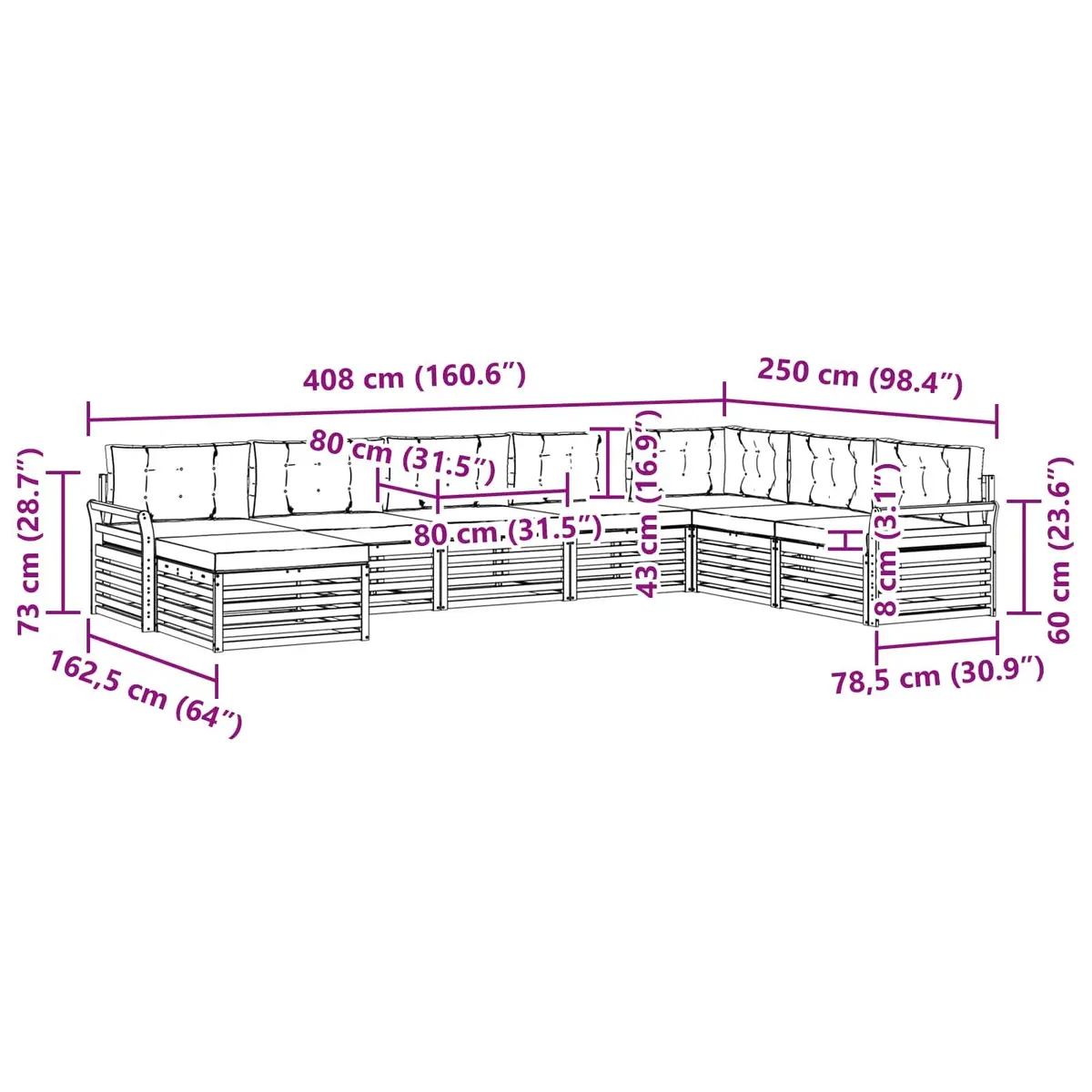 8-Piece Modular Outdoor Sofa Set in Natural Acacia Wood