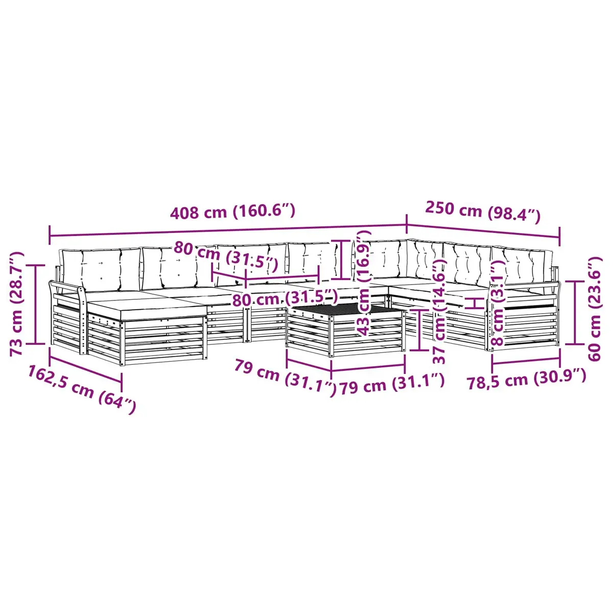 9-Piece Modular Outdoor Sectional Sofa Set in Natural Anthracite