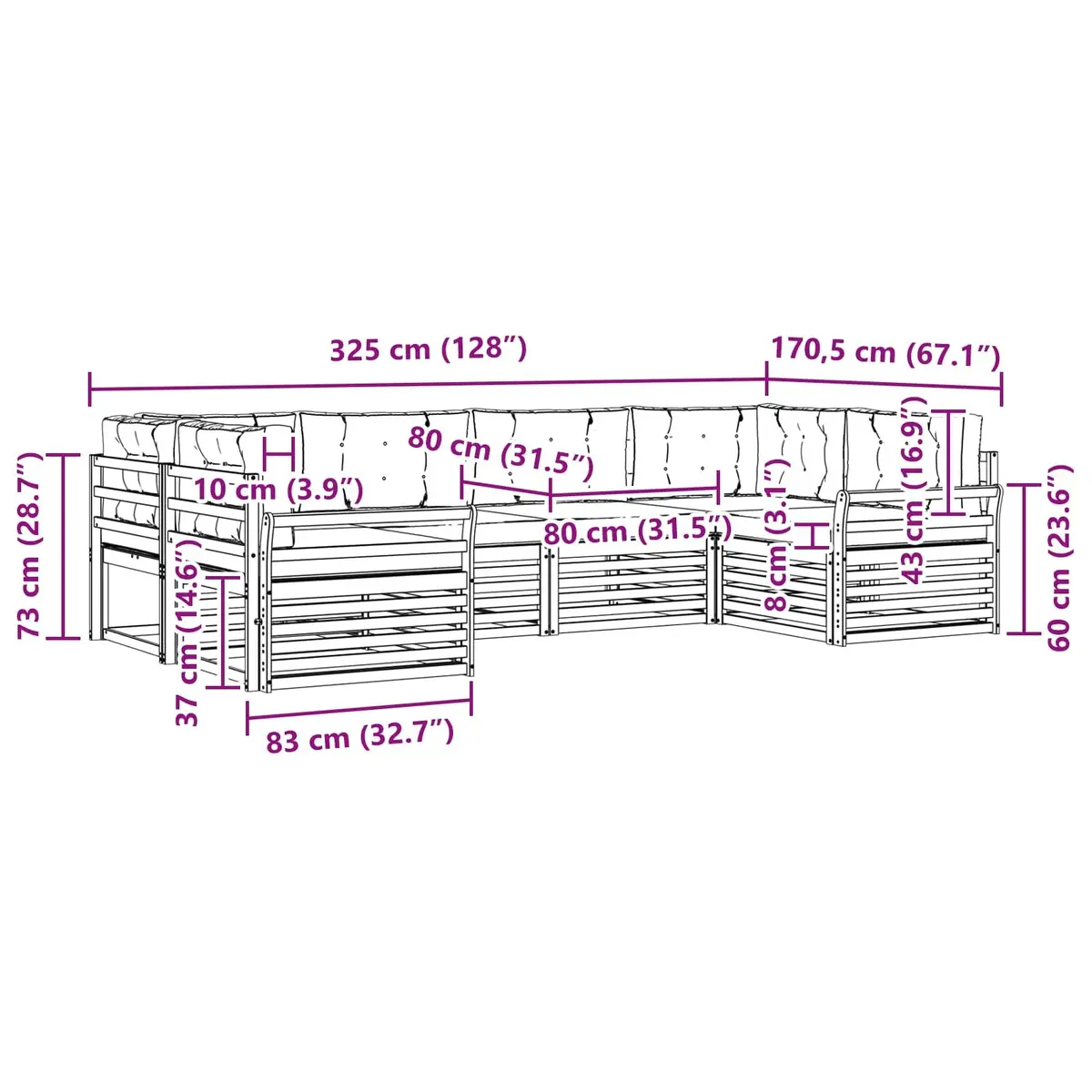 Outdoor Sofa Set Solid Acacia Wood 6 Piece Modular Natural Anthracite