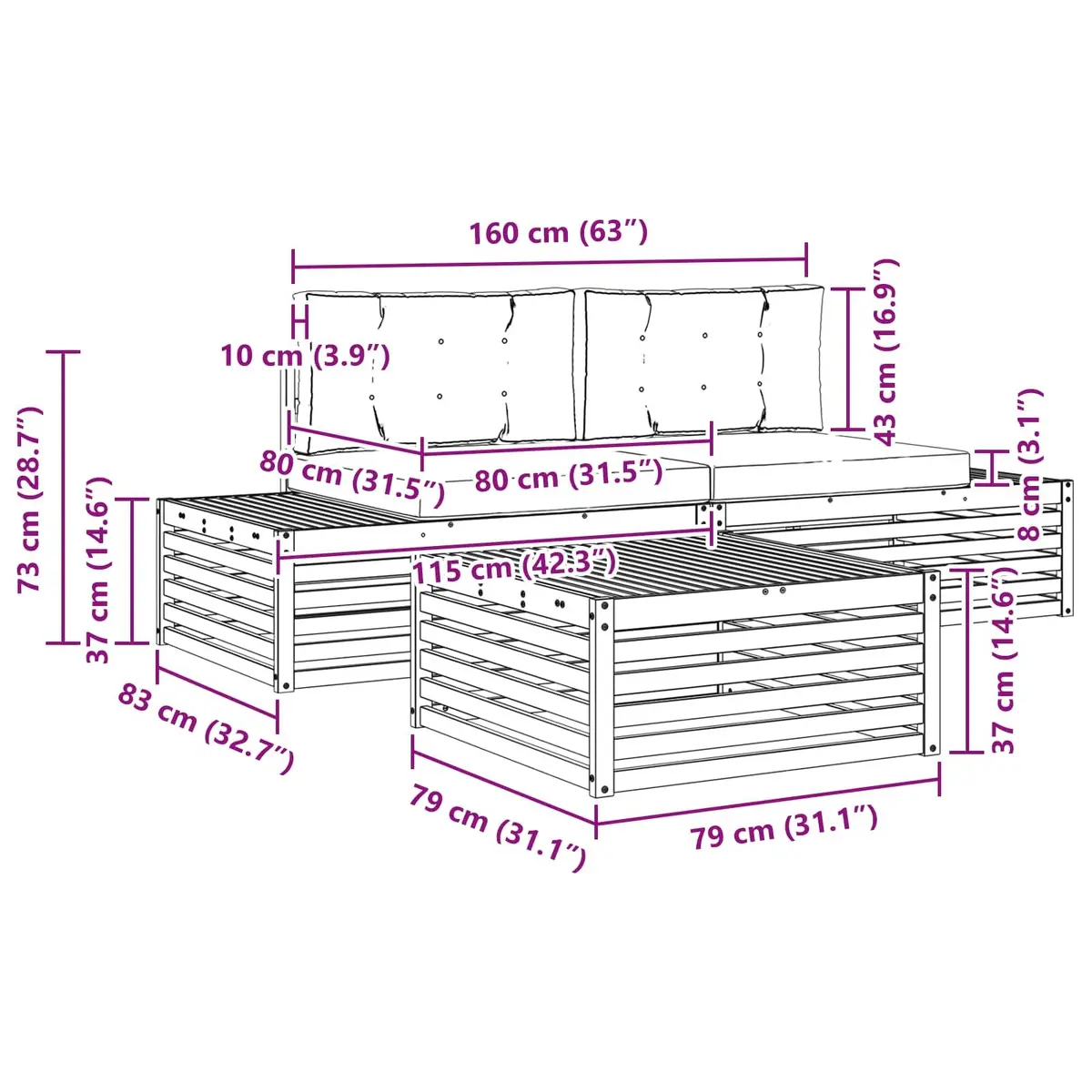 3-Piece Outdoor Sectional Sofa Set with Cushions