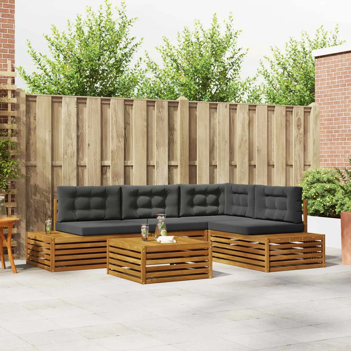 Outdoor Sectional Sofa Set Solid Acacia Wood 5 Piece Brown with Anthracite Cushions