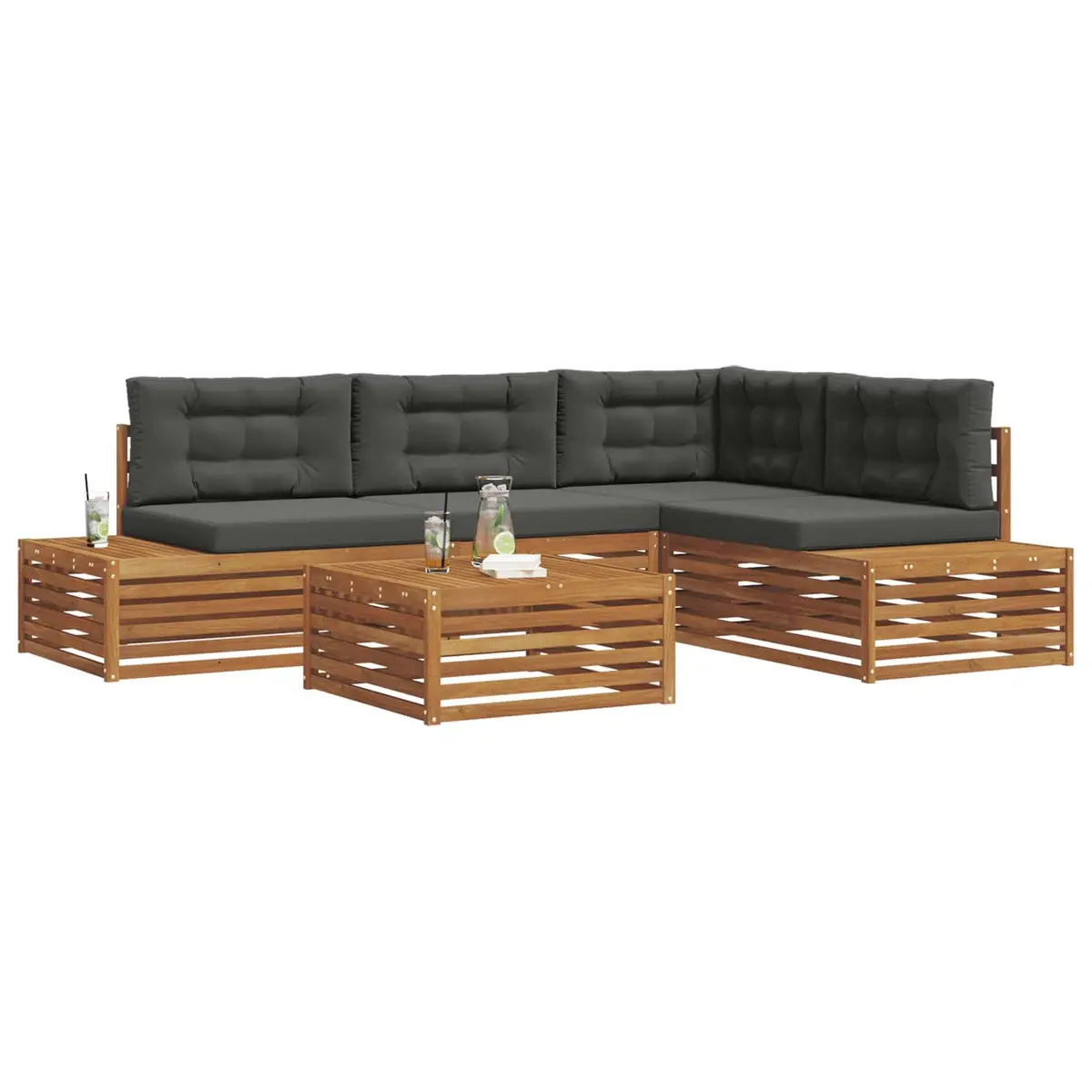 Outdoor Sectional Sofa Set Solid Acacia Wood 5 Piece Brown with Anthracite Cushions